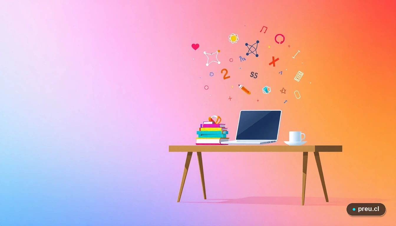 Escritorio de estudio moderno y minimalista en estilo de ilustración plana, con laptop, cuadernos y símbolos académicos flotantes, sobre un fondo color durazno. Representa el espacio de trabajo organizado y motivador que necesitas para preparar tu postulación a la beca.