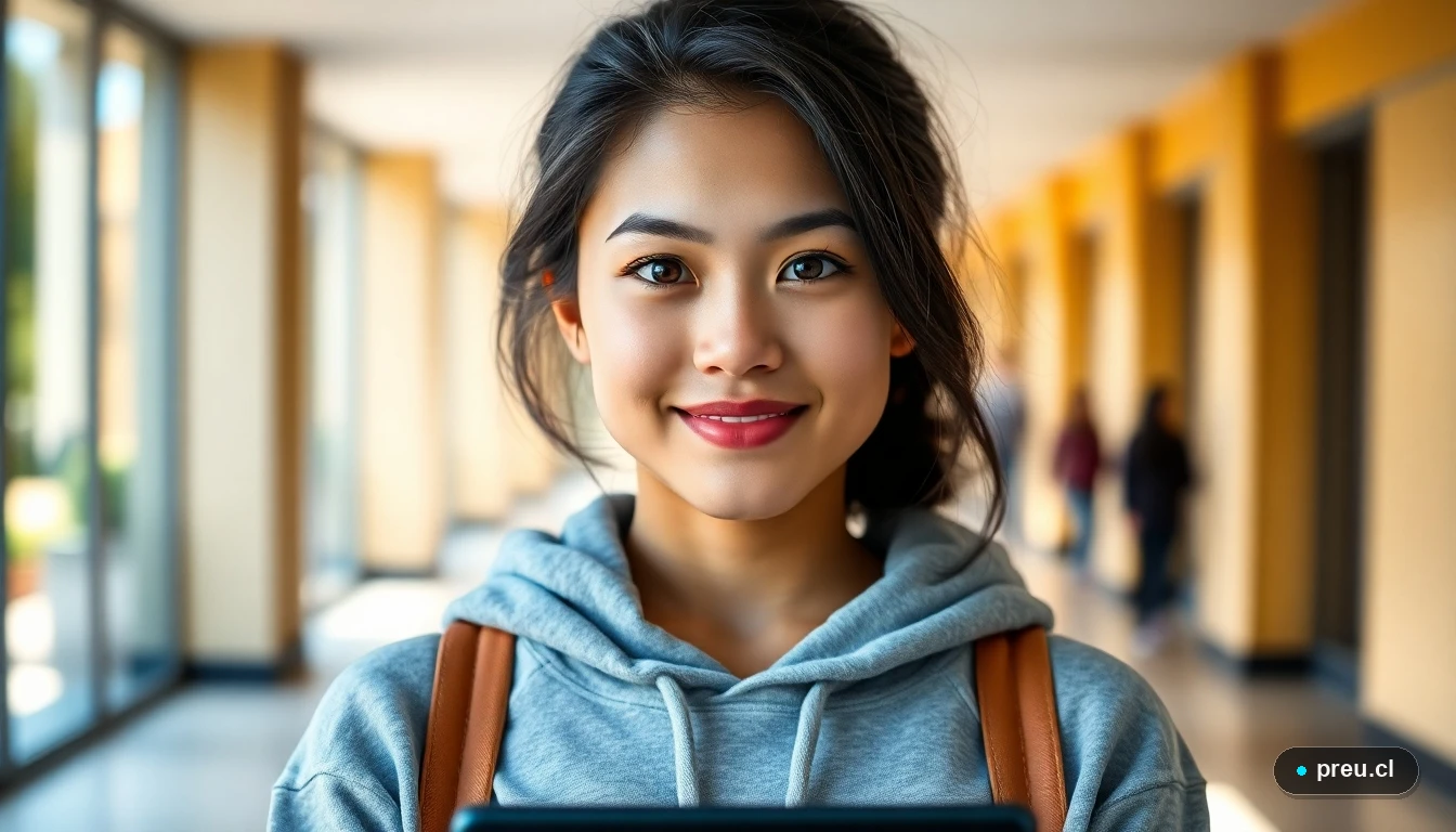 Joven estudiante sonriendo con confianza en un campus universitario moderno, representando la motivación para postular a becas.