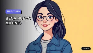 Ilustración plana y moderna de una estudiante universitaria sonriente, con un estilo fresco y juvenil, sobre un fondo de gradiente suave. Representa la confianza y el enfoque para postular a la Beca Nuevo Milenio, tu guía paso a paso para alcanzar tus metas académicas.