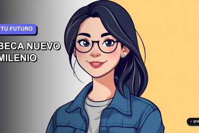 Ilustración plana y moderna de una estudiante universitaria sonriente, con un estilo fresco y juvenil, sobre un fondo de gradiente suave. Representa la confianza y el enfoque para postular a la Beca Nuevo Milenio, tu guía paso a paso para alcanzar tus metas académicas.