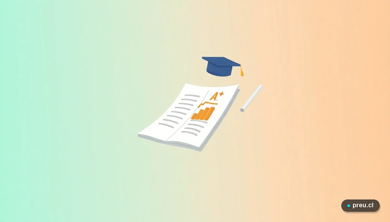 Ilustración abstracta de elementos académicos: un examen con nota máxima, un gorro de graduación y un gráfico de progreso, representando el éxito en la PAES. Fondo con gradiente de color menta, estilo moderno y limpio.