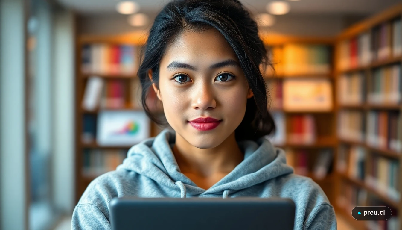 Estudiante joven y confiada preparándose para la PAES de Historia en una biblioteca moderna, con mirada enfocada y determinada.