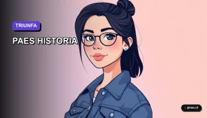 Ilustración plana y moderna de una estudiante universitaria sonriendo, lista para preparar su PAES de Historia. Fondo con gradiente de color lavanda, estilo minimalista y motivador para jóvenes.