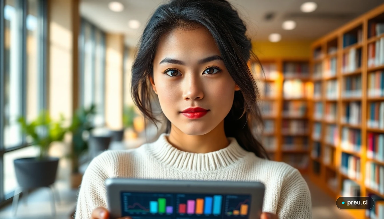 Joven estudiante reflexionando sobre su elección de pruebas electivas para la PAES en una biblioteca universitaria.