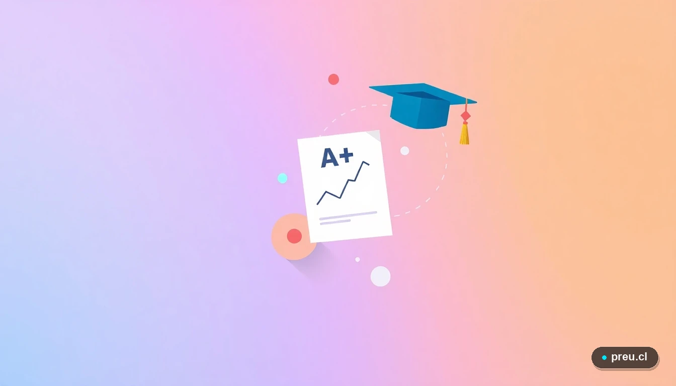 Composición abstracta de iconos planos que representan logros académicos: un papel con A+, un gorro de graduación y un gráfico de progreso, sobre un fondo de gradiente suave. Simboliza los resultados y la calidad educativa que busca la acreditación universitaria.