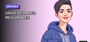 Joven estudiante sonriente mira con confianza hacia su futuro educativo fuera de Santiago. Ilustración plana y moderna en tonos lavanda, representando las oportunidades en regiones.