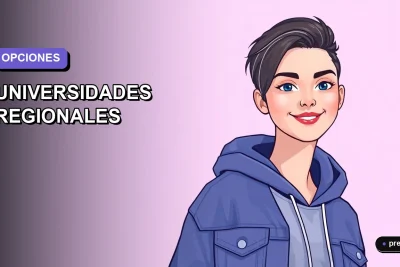 Joven estudiante sonriente mira con confianza hacia su futuro educativo fuera de Santiago. Ilustración plana y moderna en tonos lavanda, representando las oportunidades en regiones.