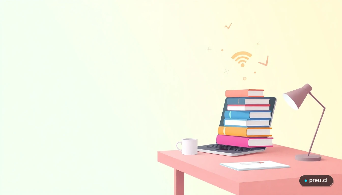 Ilustración vectorial plana de un escritorio de estudio moderno y minimalista con un laptop, cuadernos y símbolos de conexión, sobre un fondo degradado de menta. Representa la organización y claridad para tomar la mejor decisión tecnológica.