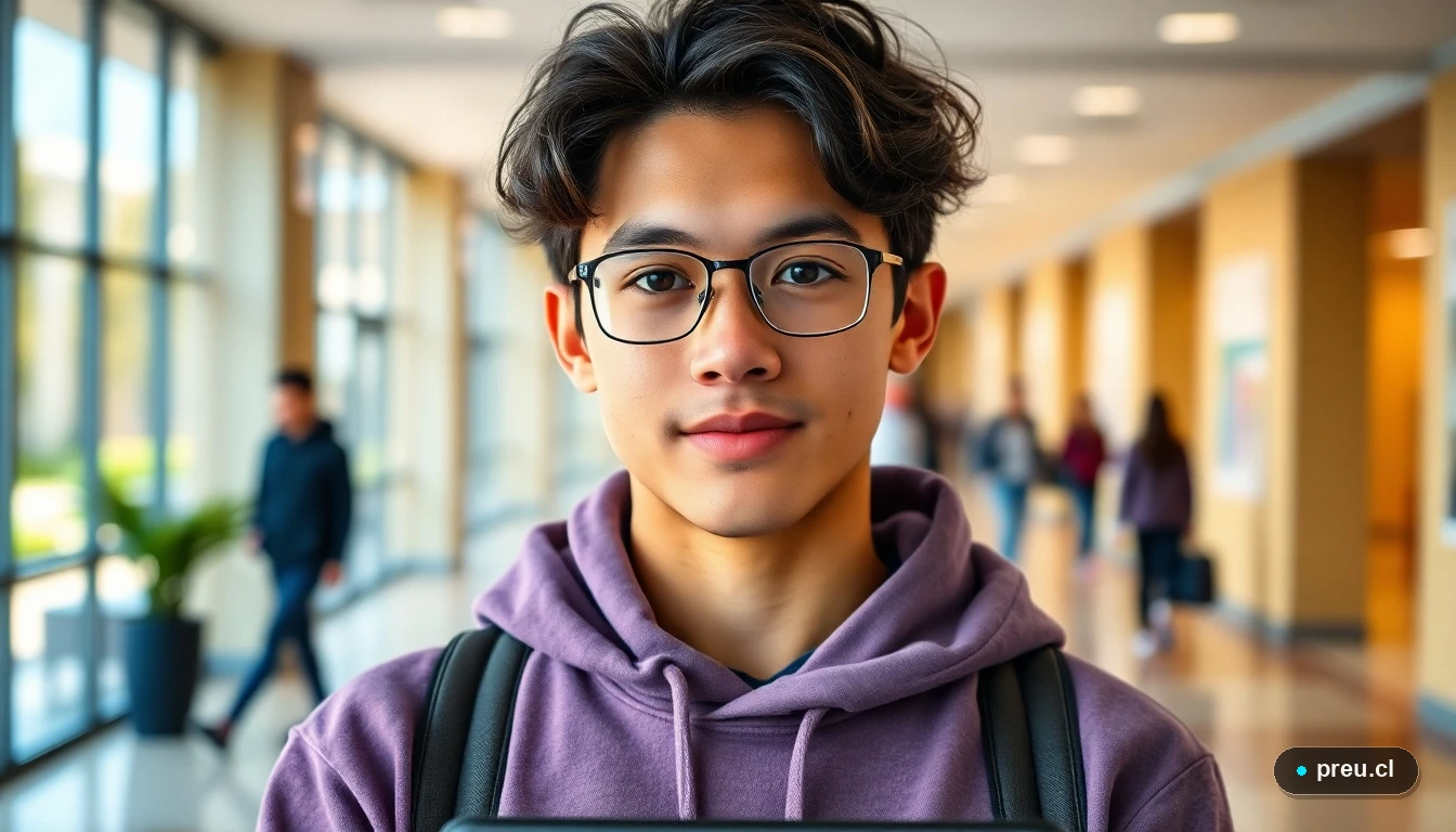 Joven estudiante sonriendo con confianza en un campus universitario moderno, representando la decisión informada sobre Institutos Profesionales.