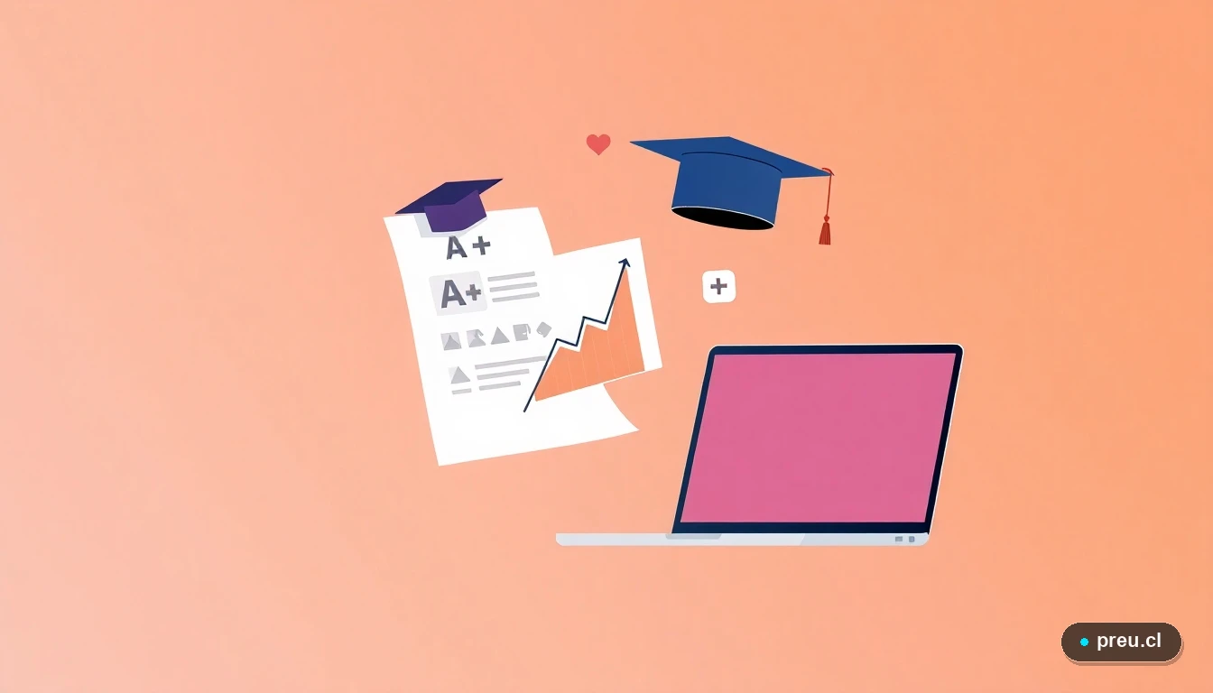 Elementos gráficos abstractos que simbolizan el éxito académico: un papel de examen con nota máxima, un gráfico de progreso y un computador, sobre un fondo color durazno. Representa la meta de mantener tu gratuidad y avanzar en tu carrera.