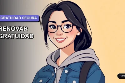 Ilustración plana y moderna de una estudiante universitaria sonriente, con un estilo fresco y juvenil, sobre un fondo de gradiente suave. Representa la confianza y tranquilidad de mantener tu beneficio estudiantil.