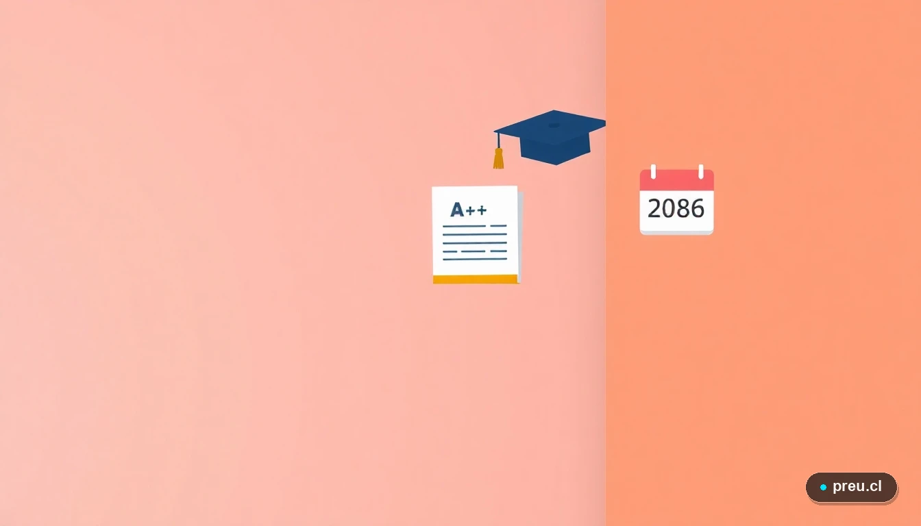 Elementos gráficos planos que simbolizan el éxito académico: un capelo de graduación, una hoja con nota máxima, un gráfico de progreso y un calendario del 2026, sobre un fondo color durazno. Representa la meta final de renovar tu CAE: avanzar en tu carrera con tranquilidad.