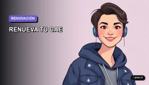 Ilustración plana y moderna de una joven universitaria sonriente, con un fondo de gradiente suave. Representa el proceso fácil y sin estrés de renovar el Crédito con Aval del Estado para el año 2026, pensado para estudiantes chilenos.