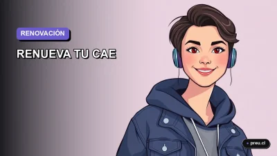 Ilustración plana y moderna de una joven universitaria sonriente, con un fondo de gradiente suave. Representa el proceso fácil y sin estrés de renovar el Crédito con Aval del Estado para el año 2026, pensado para estudiantes chilenos.