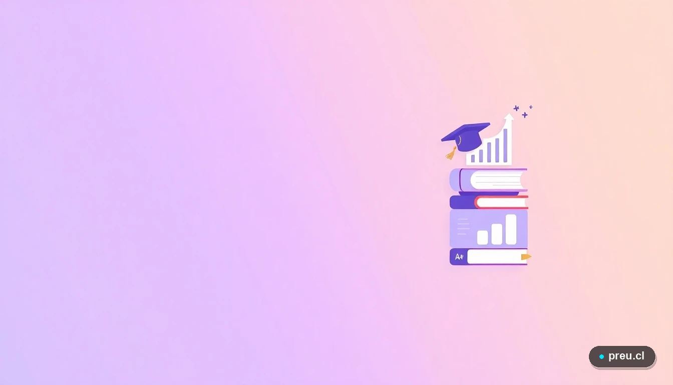 Elementos gráficos abstractos y modernos que simbolizan el éxito académico, como papeles de examen con nota máxima y gráficos de progreso, sobre un fondo lavanda.