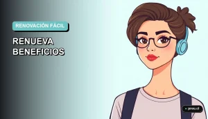 Ilustración plana y moderna de una joven universitaria sonriente, con un estilo fresco y casual, sobre un fondo de gradiente suave. Representa la tranquilidad y facilidad de renovar tus beneficios estudiantiles.