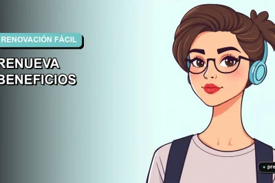 Ilustración plana y moderna de una joven universitaria sonriente, con un estilo fresco y casual, sobre un fondo de gradiente suave. Representa la tranquilidad y facilidad de renovar tus beneficios estudiantiles.