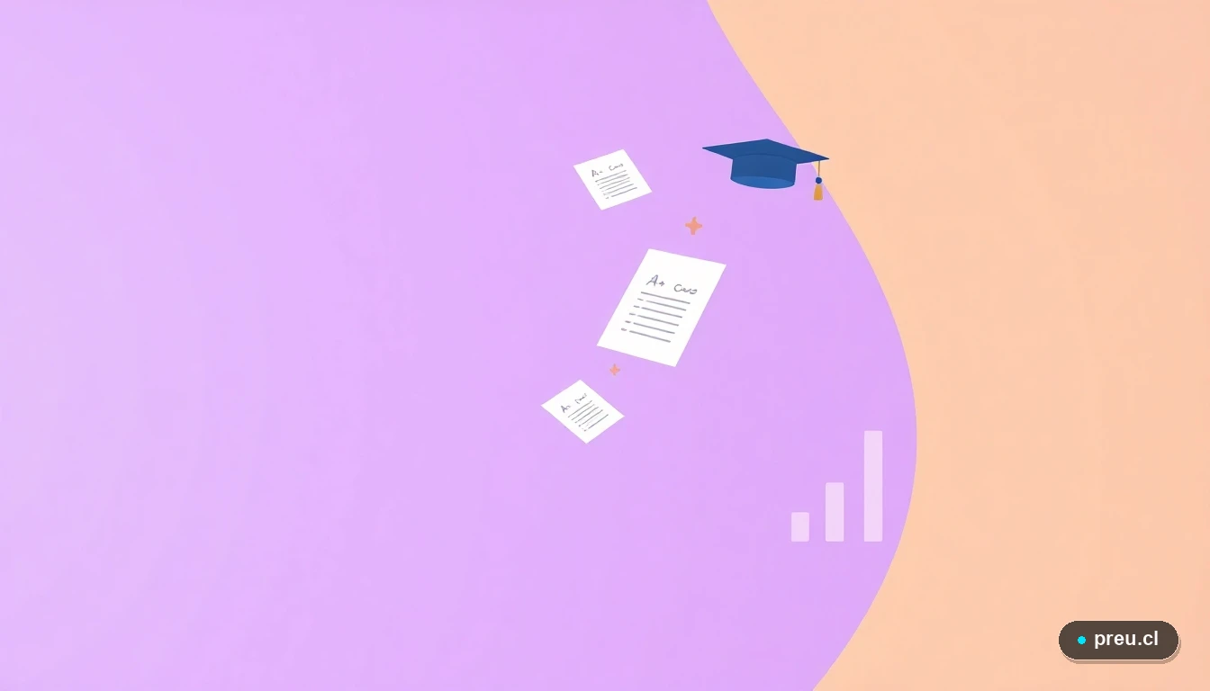 Ilustración abstracta de elementos académicos como papeles de examen, notas A+ y gráficos de progreso, con un estilo plano y color lavanda, que simboliza el éxito y la organización en el proceso de postulación a becas.