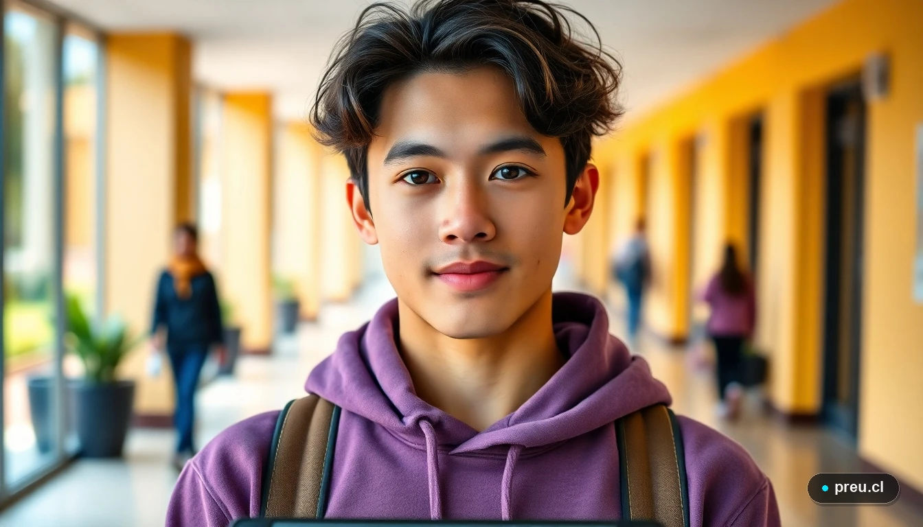 Joven estudiante sonriendo con confianza en un campus universitario moderno, pensando en su futuro académico.