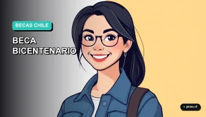 Ilustración plana y moderna de una joven universitaria sonriente, con un estilo fresco y motivador, representando el acceso a la información sobre la Beca Bicentenario. Fondo con gradiente suave de color aguamarina, diseño minimalista y asimétrico.