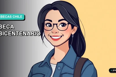 Ilustración plana y moderna de una joven universitaria sonriente, con un estilo fresco y motivador, representando el acceso a la información sobre la Beca Bicentenario. Fondo con gradiente suave de color aguamarina, diseño minimalista y asimétrico.