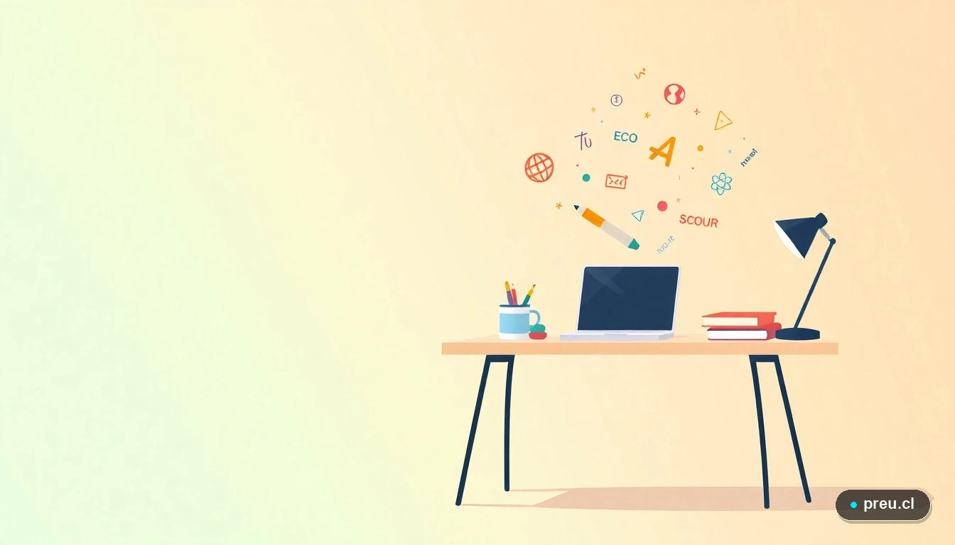 Ilustración de un escritorio de estudio moderno y ordenado con laptop, cuadernos y símbolos académicos flotantes, sobre un fondo de gradiente verde menta. Representa la preparación y organización necesaria para postular a becas universitarias.