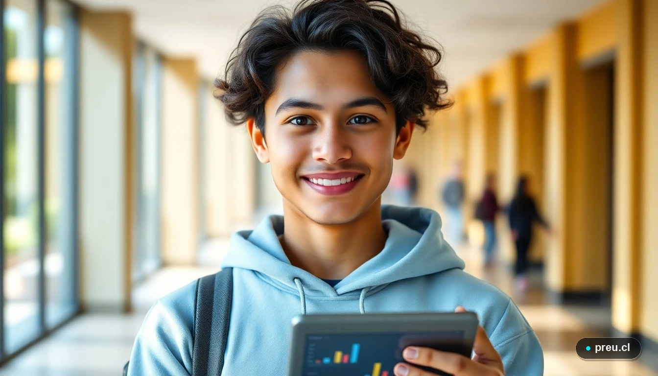 Joven estudiante sonriendo con esperanza en un campus universitario moderno, representando el futuro académico.