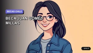 Ilustración plana y moderna de una estudiante universitaria feliz, con un fondo de gradiente lila suave. Representa el logro y la motivación para postular a la Beca Juan Gómez Millas.