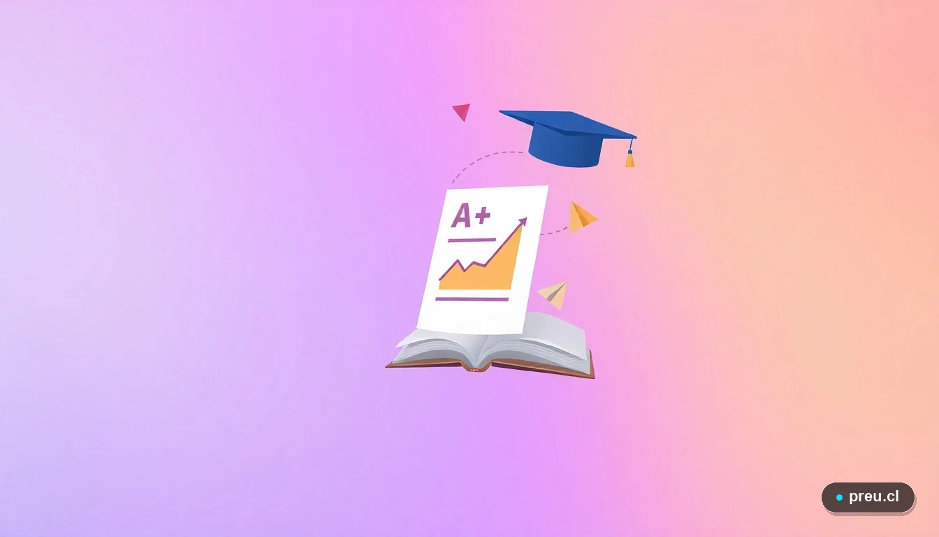 Elementos gráficos abstractos y modernos que simbolizan el éxito académico: un papel con nota A+, un capelo de graduación y un gráfico de progreso, sobre un fondo color lavanda. Representación visual de los logros y el camino educativo que la Beca Nuevo Milenio hace posible.