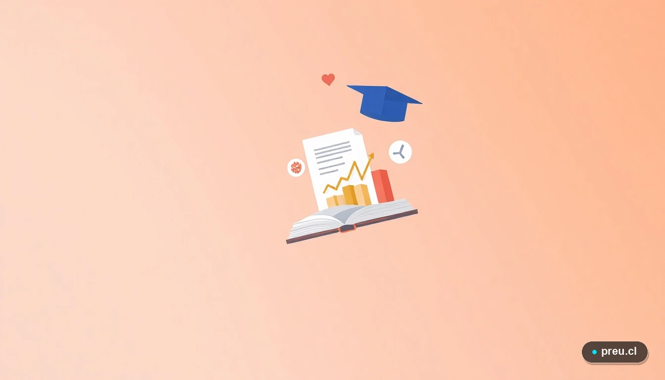 Ilustración abstracta de elementos académicos: un papel de examen con nota A+, un capelo de graduación y un gráfico de progreso. Representa visualmente el éxito y el avance en la educación superior, ayudando a visualizar las metas que puedes alcanzar al planificar tu financiamiento.