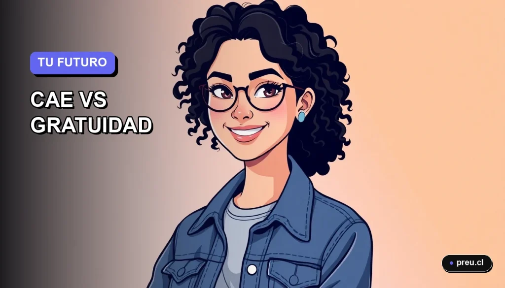 Ilustración plana y moderna de una estudiante universitaria sonriendo, con un fondo de gradiente suave. Representa la confianza al elegir entre el CAE y la Gratuidad para financiar tus estudios superiores en Chile.