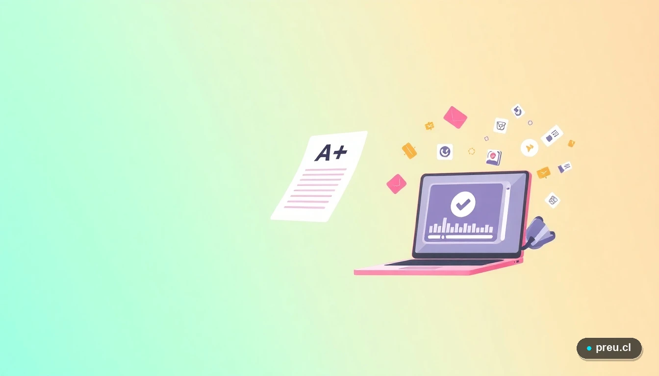 Ilustración abstracta de elementos académicos digitales: un documento con calificación A+, un gráfico de progreso completo y una laptop, sobre un fondo de gradiente fresco. Simboliza el éxito y la claridad al completar el simulador de gratuidad.