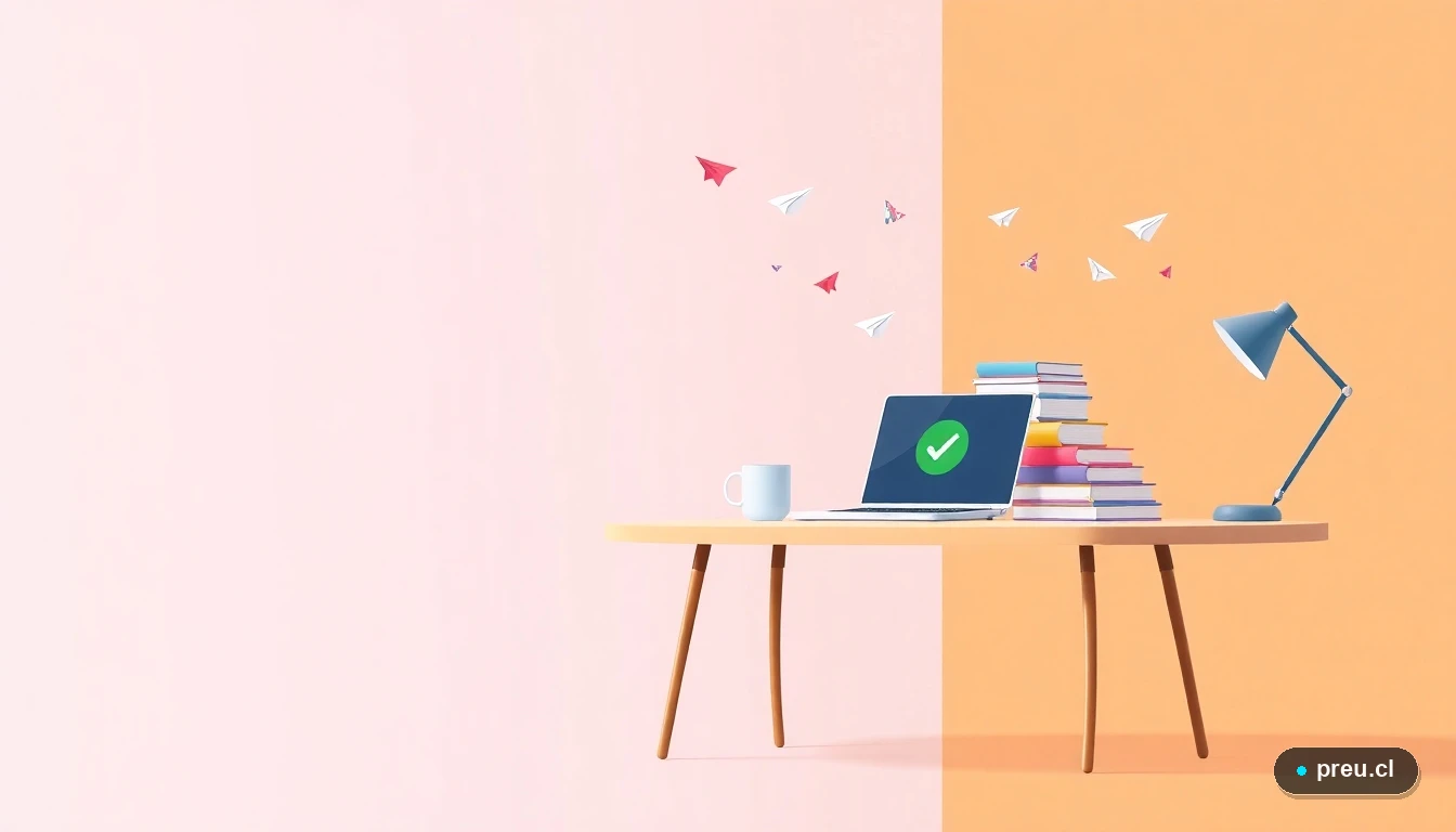 Escritorio moderno y organizado con laptop y útiles, en estilo de ilustración plana, simbolizando la preparación y el éxito académico. Todo listo para tu postulación perfecta.
