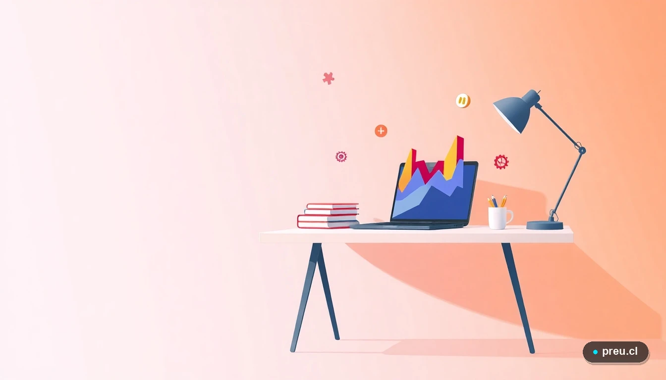 Escritorio de estudio moderno con laptop, cuadernos y símbolos flotantes de matemáticas y tecnología, sobre un fondo de gradiente azul refrescante. Representa el espacio de preparación y aprendizaje para tu postulación.