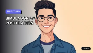 Ilustración plana y moderna de un estudiante universitario sonriendo, con un fondo de gradiente azul y violeta. Representa la confianza y el apoyo para postular a la educación superior técnica.