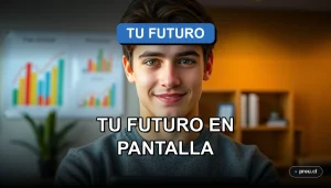 Un joven estudiante sonríe con confianza frente a un campus universitario moderno, simbolizando el futuro brillante que puedes descubrir con herramientas de proyección académica.