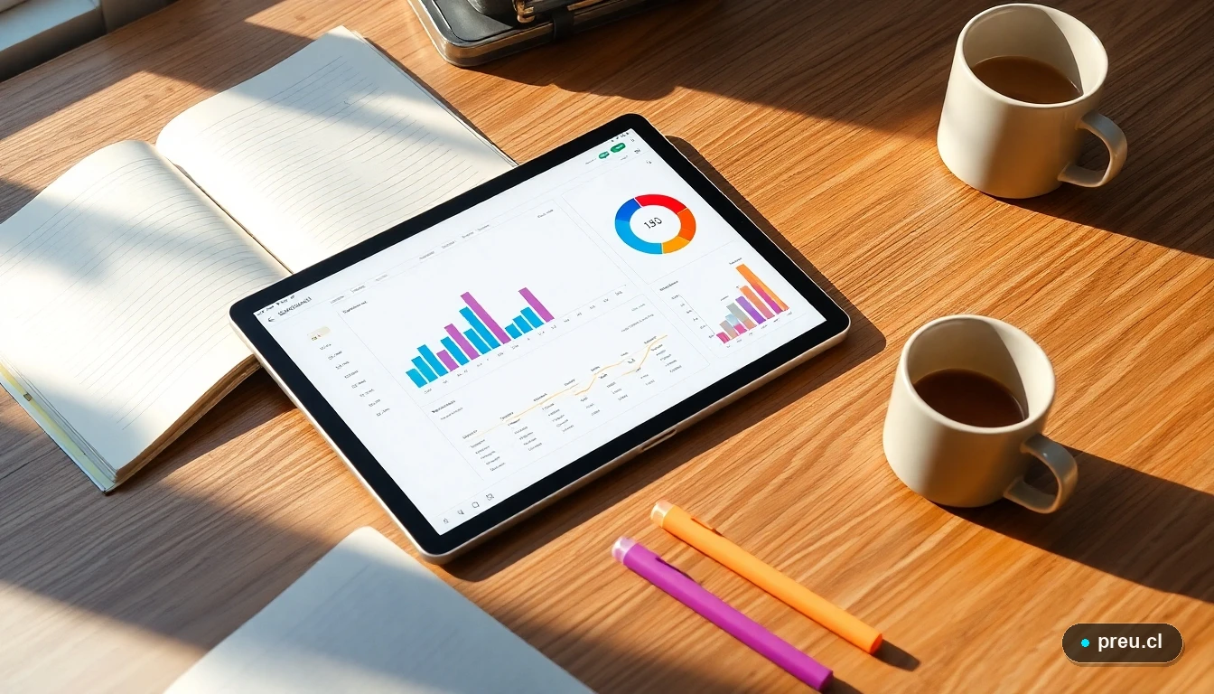 Tablet mostrando gráficos de empleabilidad en un escritorio de estudio moderno y ordenado.