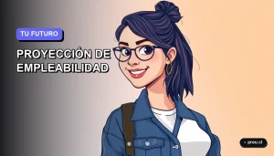 Ilustración plana y moderna de una joven universitaria sonriendo, con un fondo de gradiente azul y violeta, representando la confianza en el futuro laboral. Imagen para el Simulador de Proyección de Empleabilidad.
