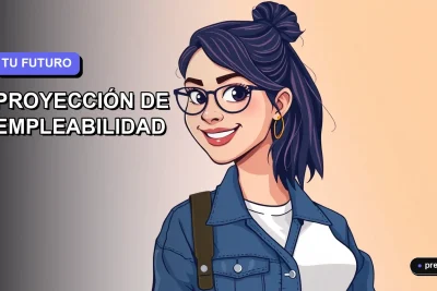 Ilustración plana y moderna de una joven universitaria sonriendo, con un fondo de gradiente azul y violeta, representando la confianza en el futuro laboral. Imagen para el Simulador de Proyección de Empleabilidad.