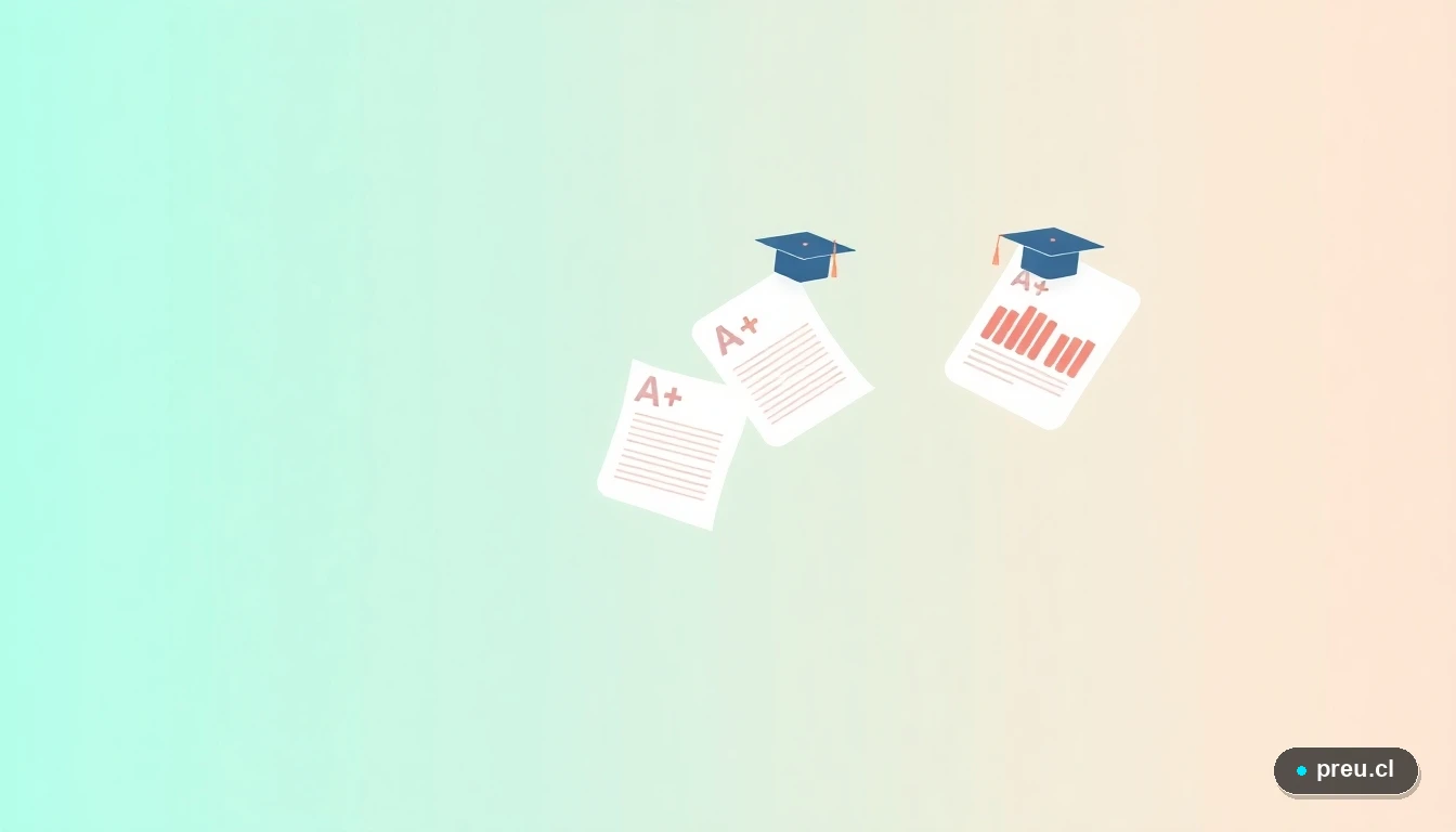 Ilustración abstracta de elementos académicos: papeles de examen con nota máxima, gráficos de progreso y gorros de graduación, en un estilo plano y colorido sobre un fondo gradiente de menta y verde azulado. Representa el éxito y la planificación en el proceso de admisión universitaria.