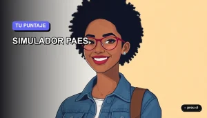Ilustración plana y moderna de una joven universitaria sonriente, con estilo de pelo afro y chaqueta denim, sobre un fondo de gradiente suave color lavanda. Representa a una estudiante segura usando un simulador para calcular su puntaje ponderado para la PAES.