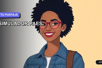 Ilustración plana y moderna de una joven universitaria sonriente, con estilo de pelo afro y chaqueta denim, sobre un fondo de gradiente suave color lavanda. Representa a una estudiante segura usando un simulador para calcular su puntaje ponderado para la PAES.