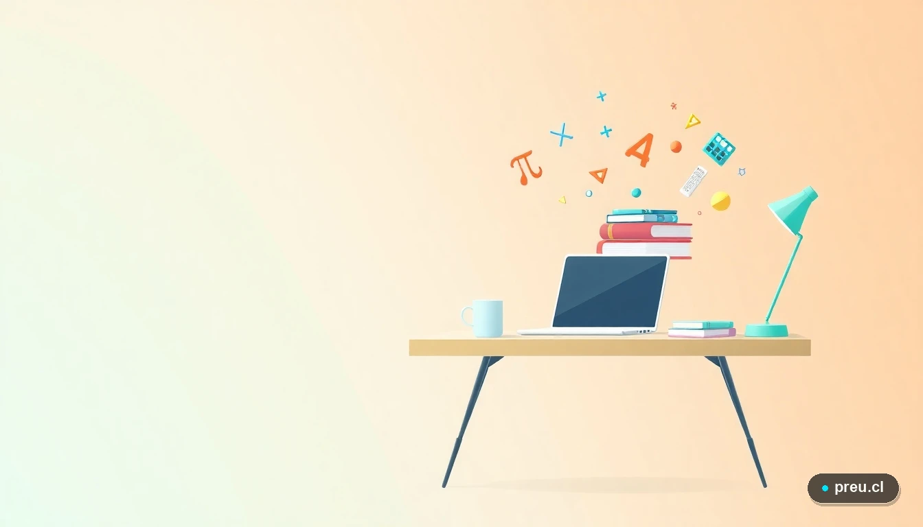 Escritorio de estudio moderno con laptop, cuadernos y símbolos matemáticos flotantes, representando el proceso de cálculo del ranking. Diseño plano y vectorial con colores frescos, que invita a la organización y el estudio estratégico.