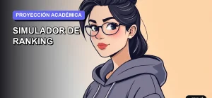 Ilustración plana y moderna de un estudiante universitario sonriendo con confianza, junto a un simulador de puntaje ranking. Fondo con degradado suave, ideal para jóvenes que planean su futuro académico.