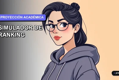 Ilustración plana y moderna de un estudiante universitario sonriendo con confianza, junto a un simulador de puntaje ranking. Fondo con degradado suave, ideal para jóvenes que planean su futuro académico.