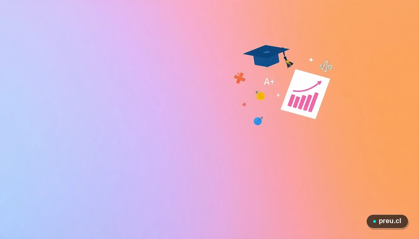 Elementos académicos ilustrados de forma plana y moderna: un papel de examen con A+, un gorro de graduación y un gráfico de progreso, sobre un fondo gradiente suave, simbolizando el éxito y avance en tu proceso de admisión universitaria.