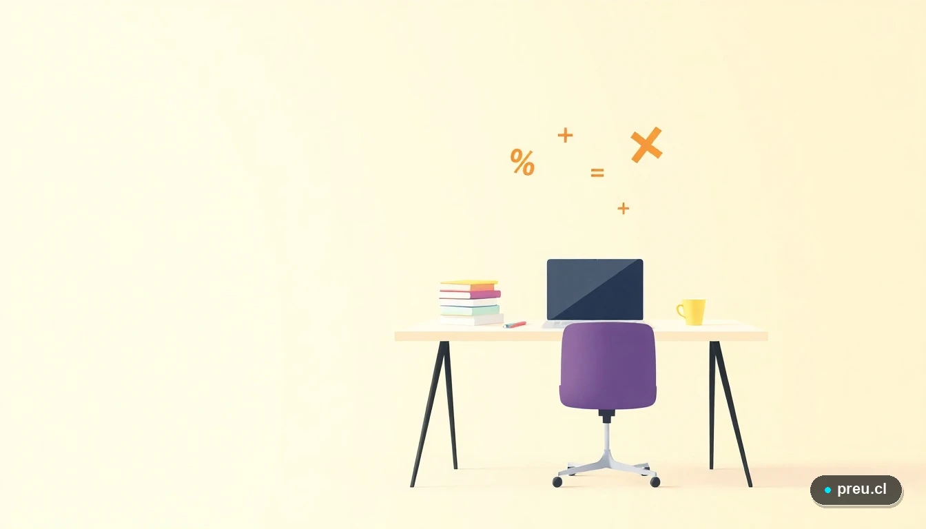 Escritorio de estudio moderno y minimalista con laptop, cuadernos y símbolos matemáticos flotantes, representando el proceso de simulación de la Gratuidad universitaria en un entorno digital y ordenado.