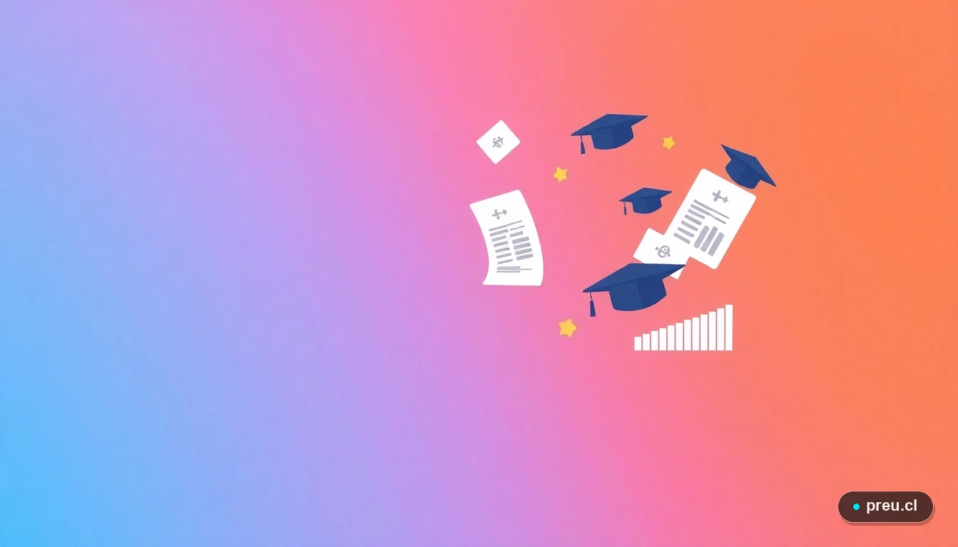 Elementos abstractos de éxito académico como papeles con nota máxima y gráficos de progreso. Ilustración plana en tonos durazno, representando logros y claridad en la orientación vocacional para jóvenes en Chile.