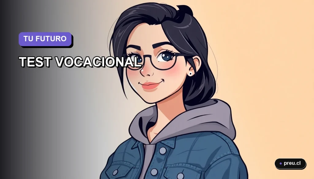 Joven universitaria sonriendo con confianza junto a un test vocacional interactivo. Ilustración plana y moderna en tonos lavanda, perfecta para estudiantes en Chile descubriendo su camino profesional.