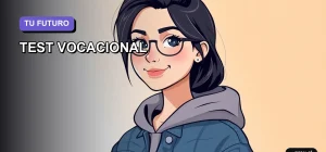 Joven universitaria sonriendo con confianza junto a un test vocacional interactivo. Ilustración plana y moderna en tonos lavanda, perfecta para estudiantes en Chile descubriendo su camino profesional.